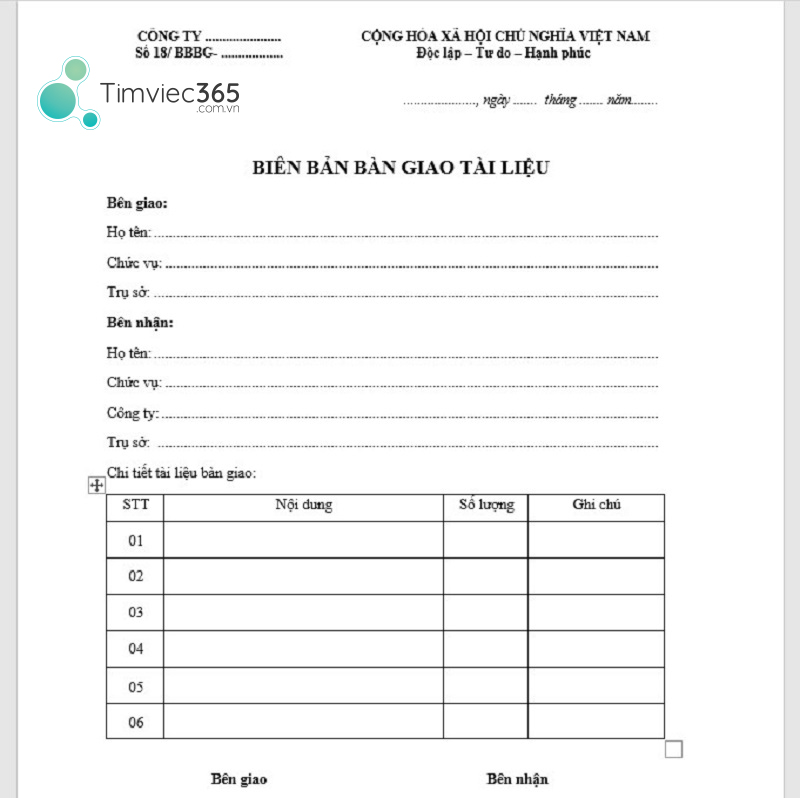 Biên bản bàn giao tài sản, tài liệu