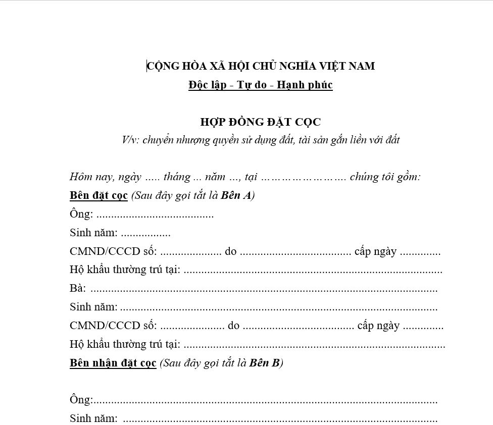 Phần mở đầu mẫu hợp đồng đặt cọc mua bán nhà đất