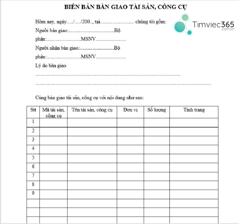 Biên bản bàn giao tài sản, công việc