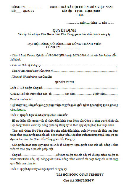 Mẫu quyết định bộ nhiệm phó giám đốc