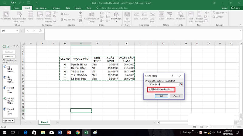 Nhập dữ liệu vào bảng