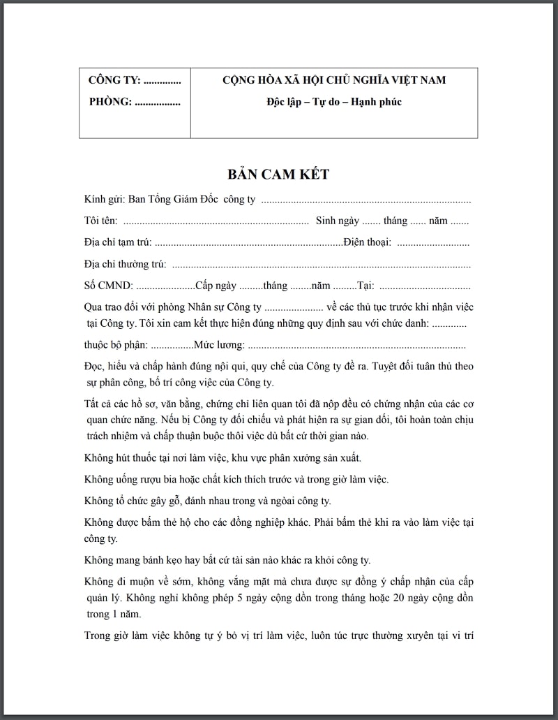Mẫu bản cam kết không vi phạm nội quy công ty