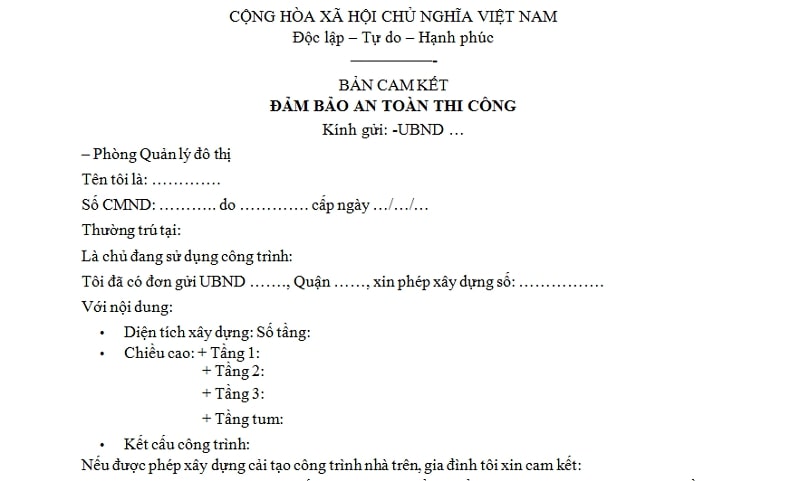 Mẫu cam kết đảm bảo an toàn thi công