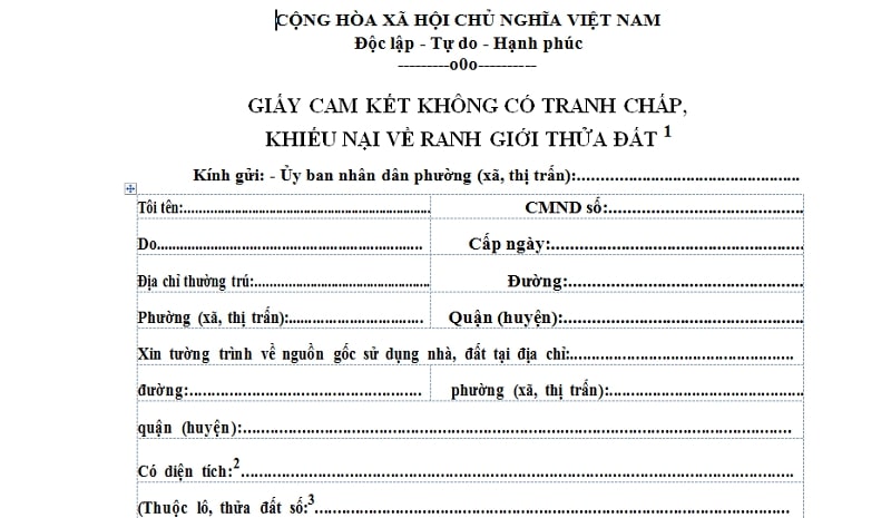 Mẫu bản cam kết sự việc không có tranh chấp về ranh giới thửa đất