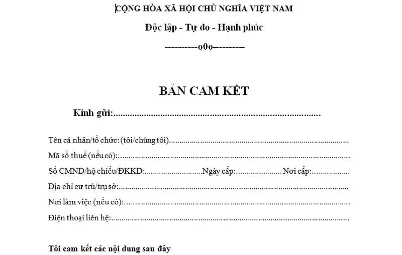 Mẫu bản cam kết thông dụng nhất 