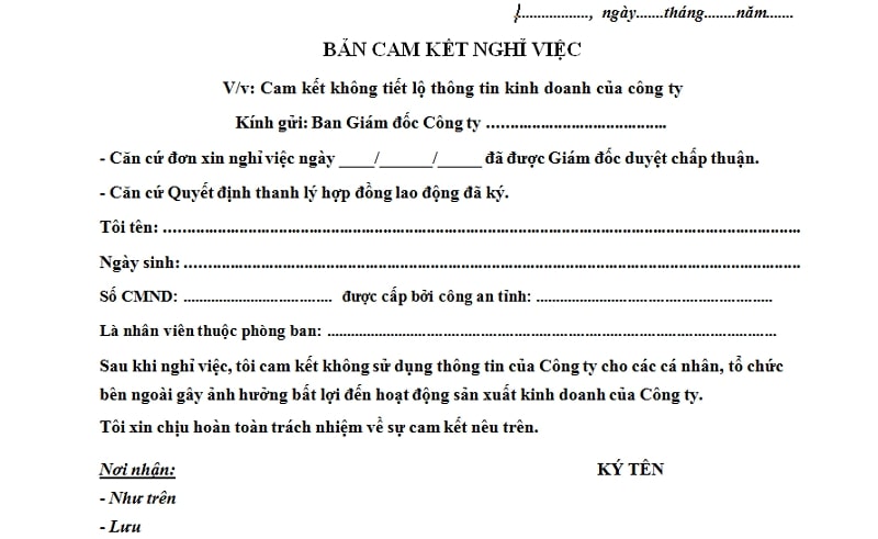 Mẫu bản cam kết với công ty khi nghỉ việc
