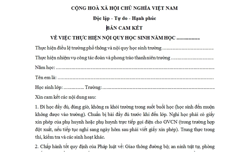 Mẫu bản cam kết cá nhân thực hiện nội quy học sinh