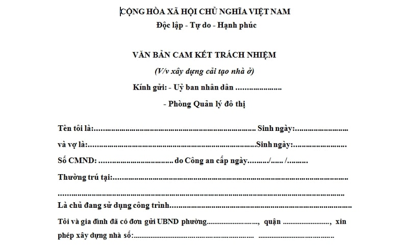 Mẫu bản cam kết chịu trách nhiệm về xây dựng, cải tạo nhà ở