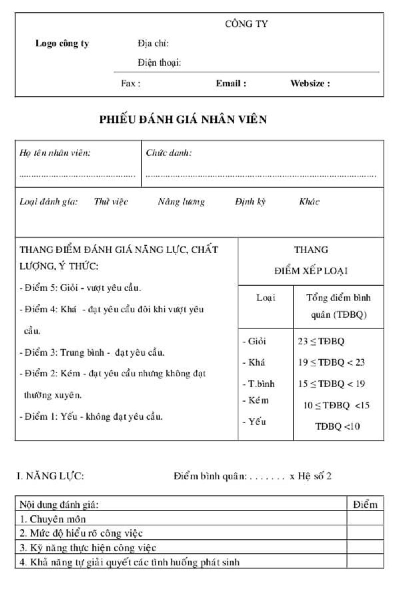 Bảng đánh giá chất lượng nhân viên