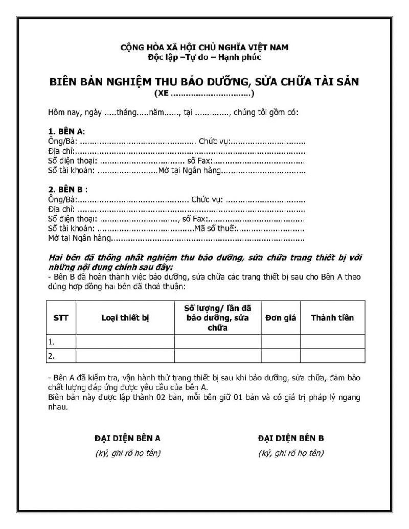 Mẫu biên bản bàn giao tài sản cố định