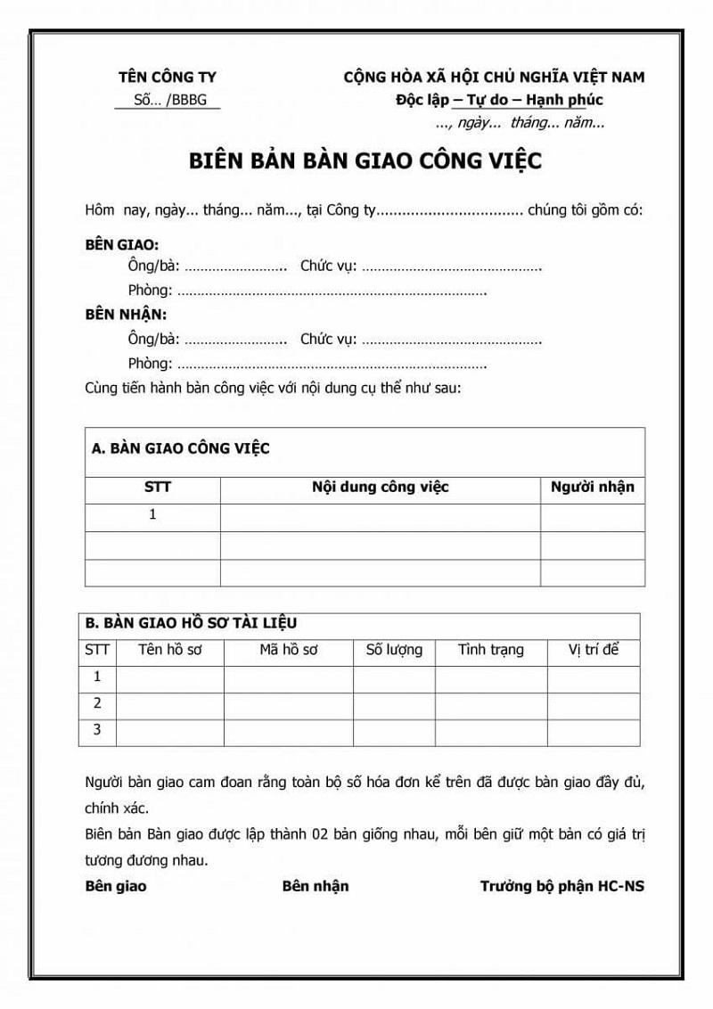 Mẫu biên bản bàn giao thiết bị văn phòng