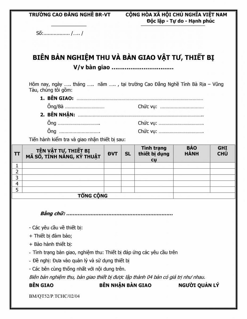 Mẫu biên bản bàn giao thiết bị y tế
