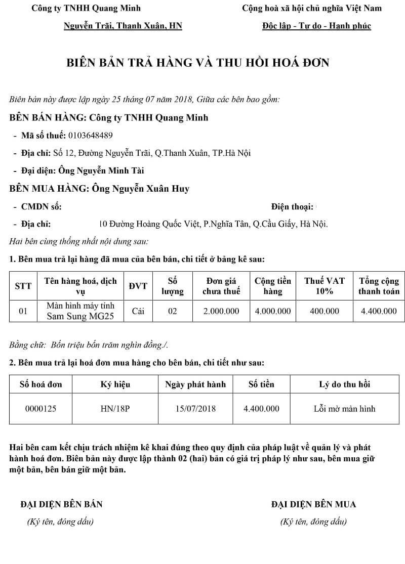  Cách thiết lập biên bản trả hàng hóa