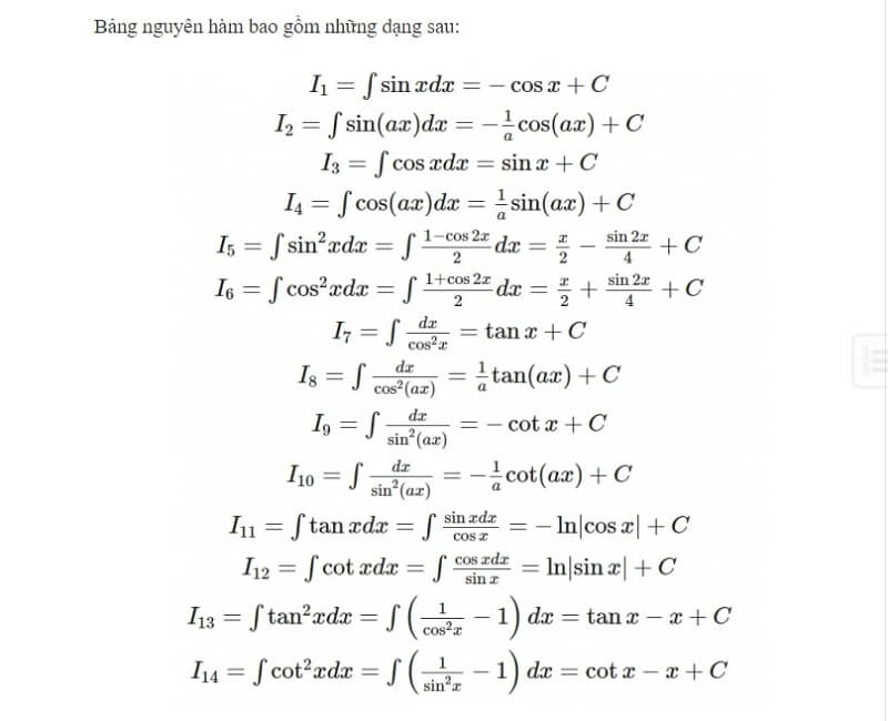 Bảng nguyên hàm