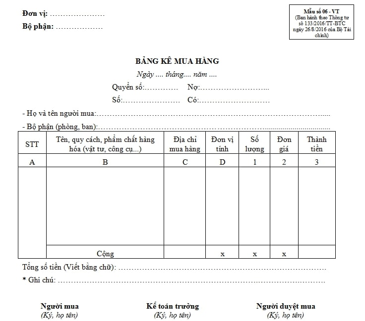 Cách lập bảng kê mua hàng mới nhất 2020