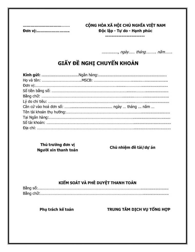 Mẫu giấy đề nghị thanh toán bằng chuyển khoản