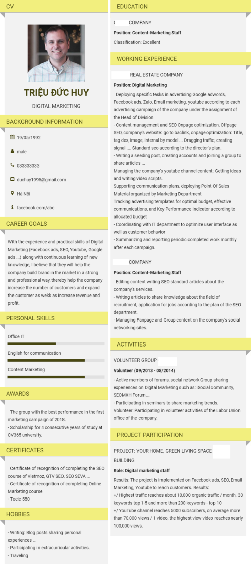 Mẫu cv tiếng anh cho sinh viên chưa tốt nghiệp