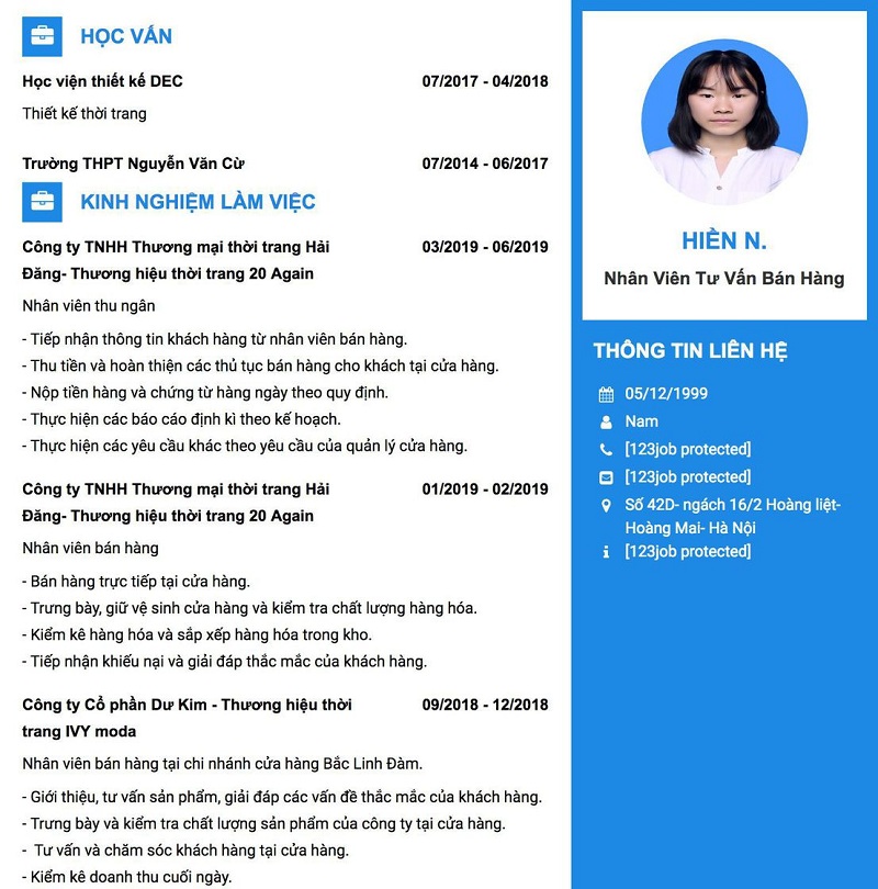 Các mẫu CV xin việc bán hàng thời trang ấn tượng