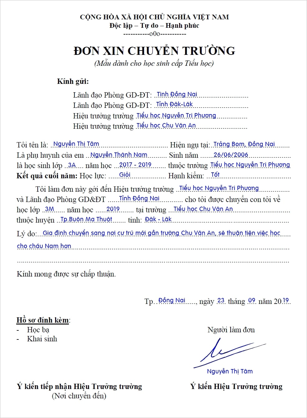 Mẫu đơn xin chuyển trường