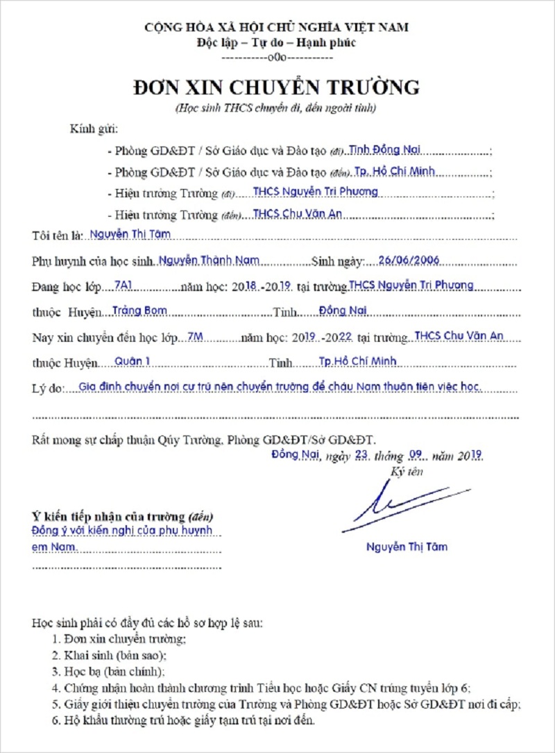 Mẫu đơn xin chuyển trườngcần làm