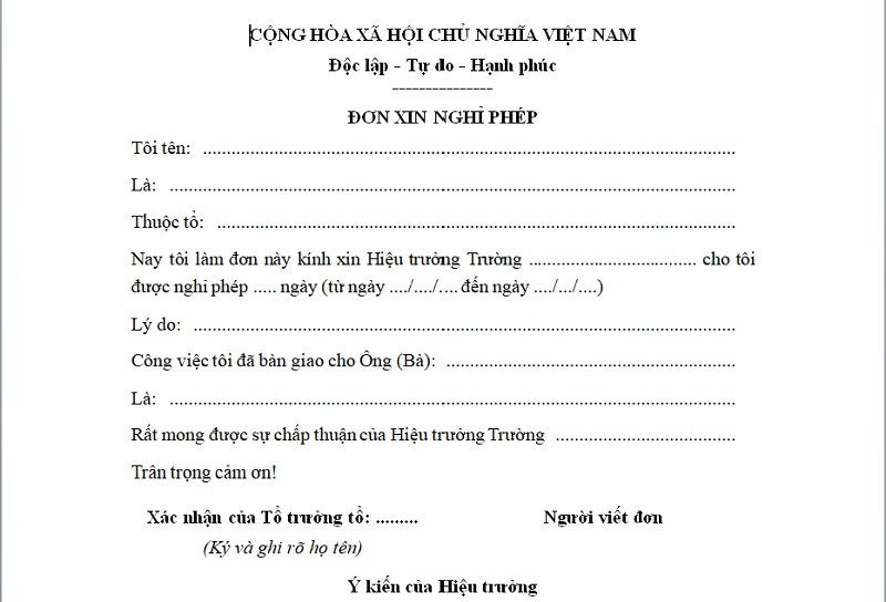 một mẫu đơn xin nghỉ phép của giáo viên 