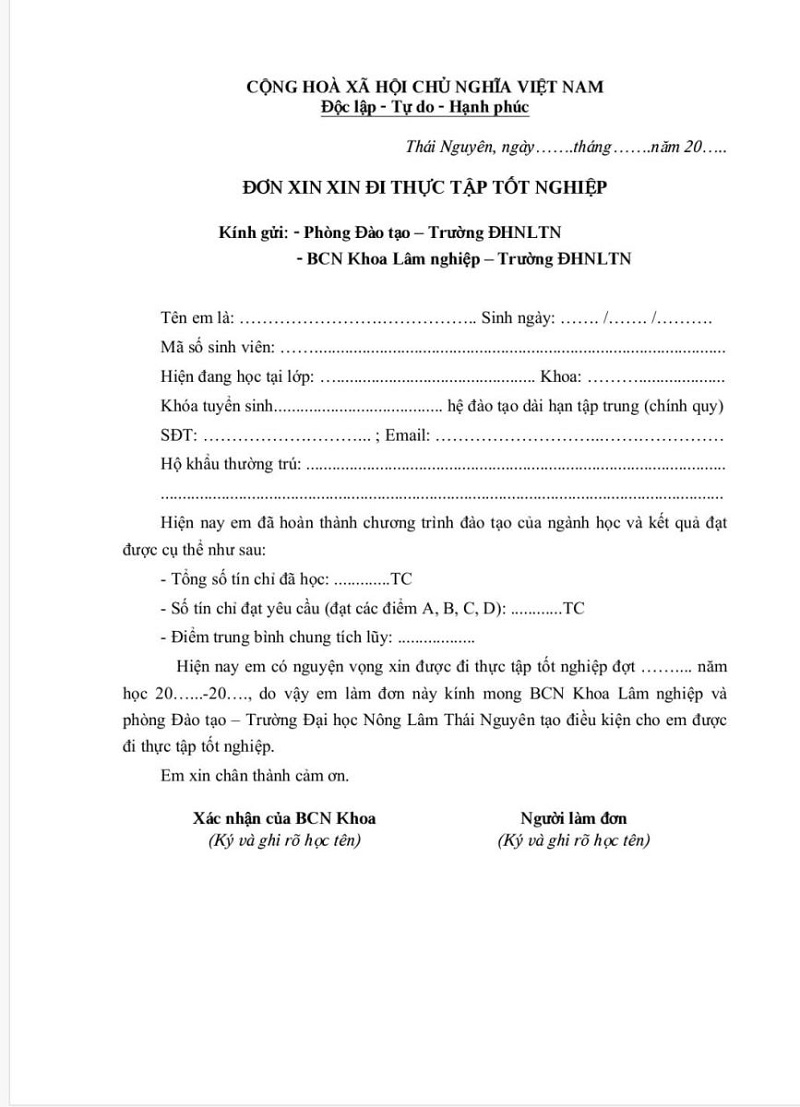 Đơn xin thực tập tốt nghiệp