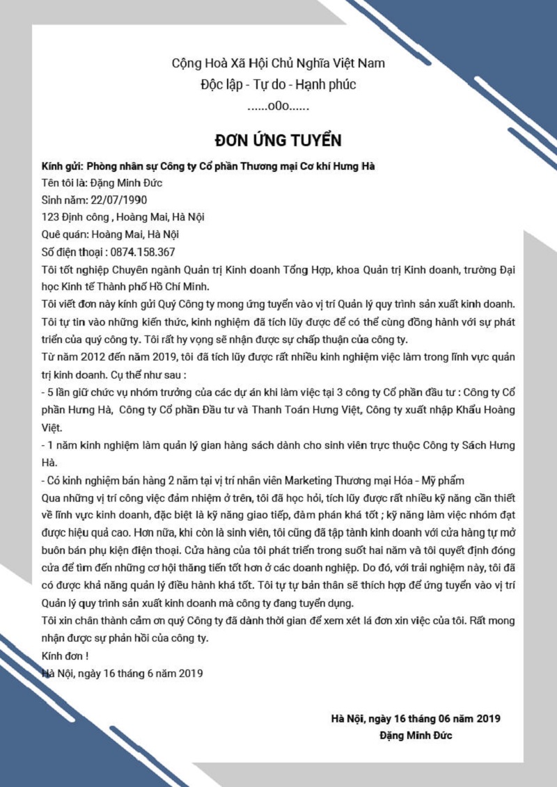 Mẫu đơn xin việc nhân viên kinh doanh