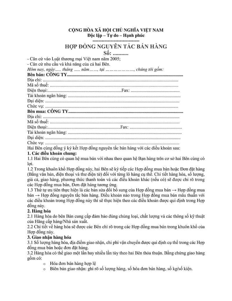 Các mẫu hợp đồng nguyên tắc trên thị trường