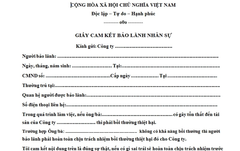 Giấy cam kết bảo lãnh nhân sự