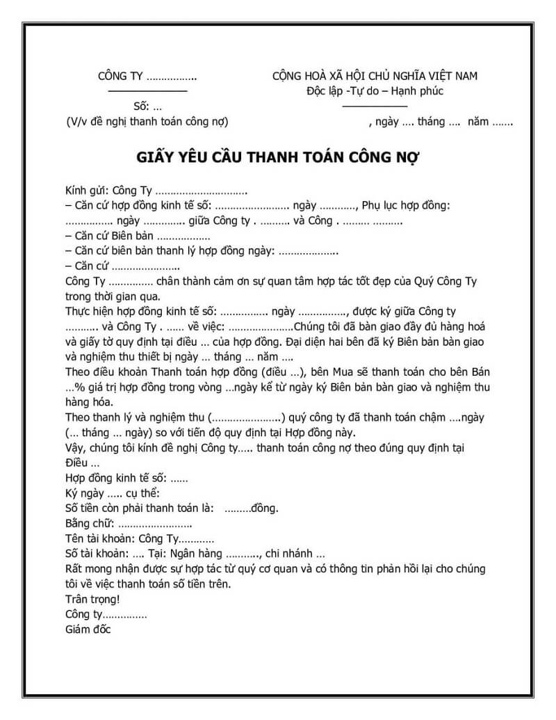 Mẫu giấy đề nghị thanh toán công nợ