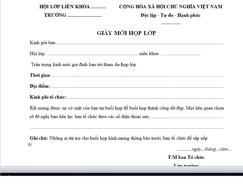 mẫu giấy mời họp lớp 