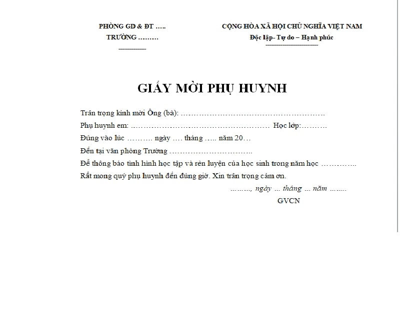 mẫu giấy mời họp phụ huynh