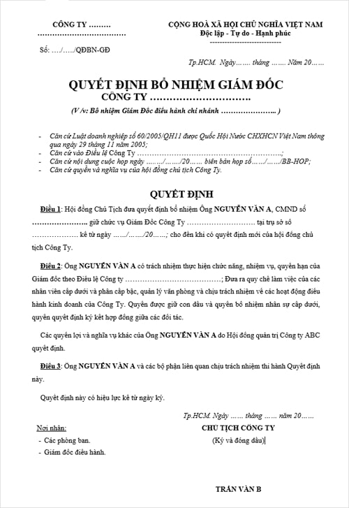 Mẫu quyết định bổ nhiệm giám đốc