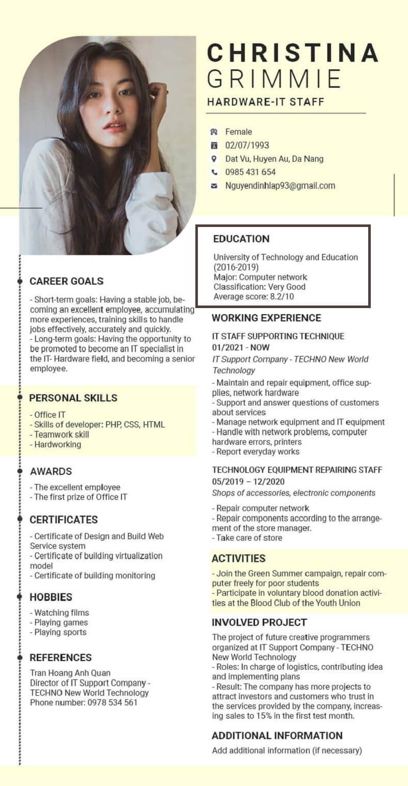 Phần trình độ học vấn trong CV xin việc tiếng anh