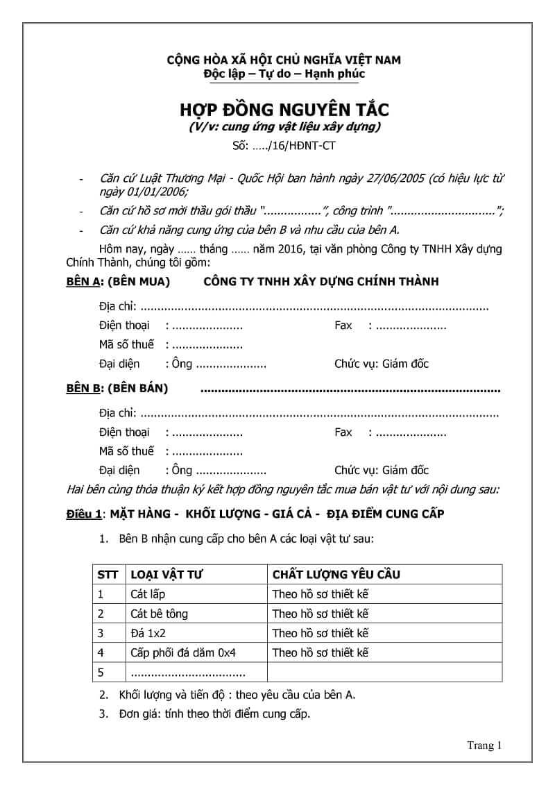 Các mẫu hợp đồng nguyên tắc trên thị trường hiện nay
