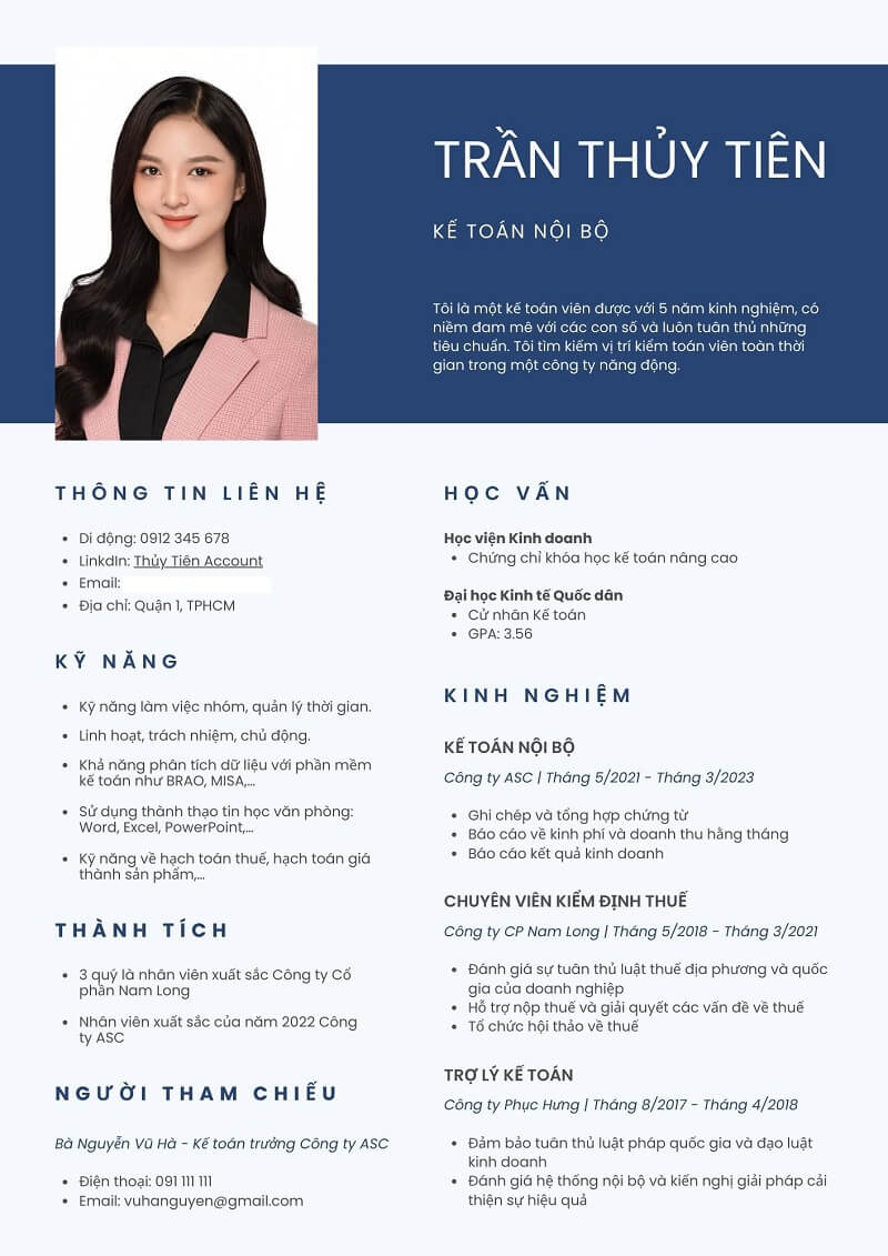 Mẫu CV xin việc Kế toán nội bộ