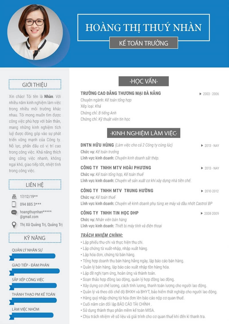 Mẫu CV Kế toán trưởng