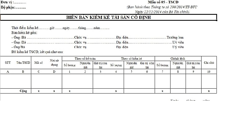  mẫu biên bản kiểm kê tài cố định