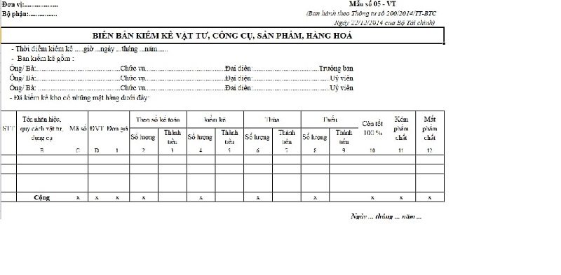  mẫu biên bản kiểm kê tài công cụ dụng cụ 