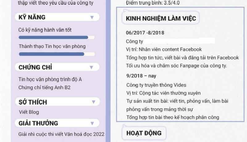 Phần kinh nghiệm làm việc trong CV xin việc tiếng Việt