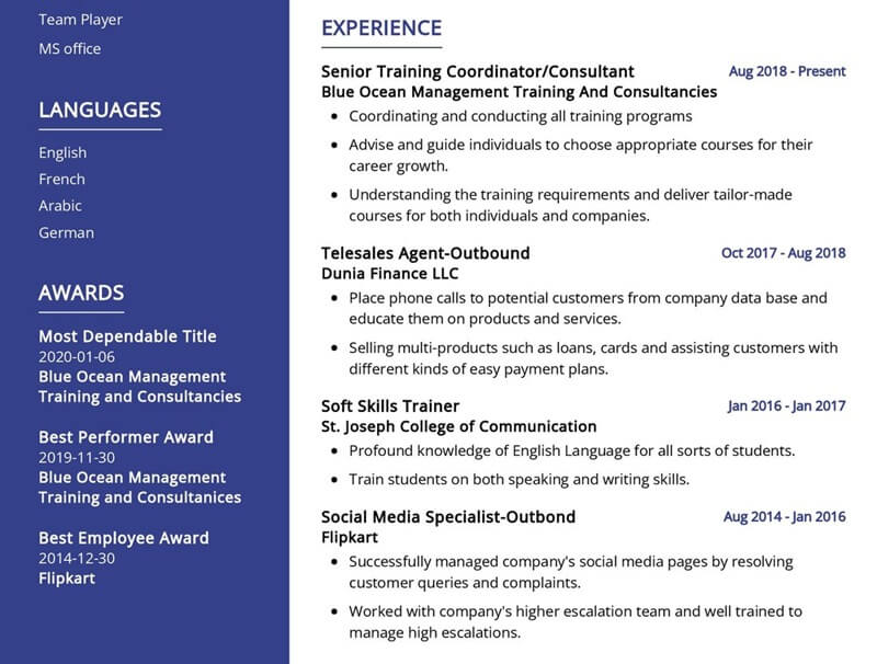 Phần kinh nghiệm làm việc trong CV xin việc Telesales