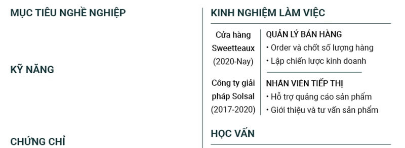 Phần kinh nghiệm làm việc trong CV của nhân viên bán hàng