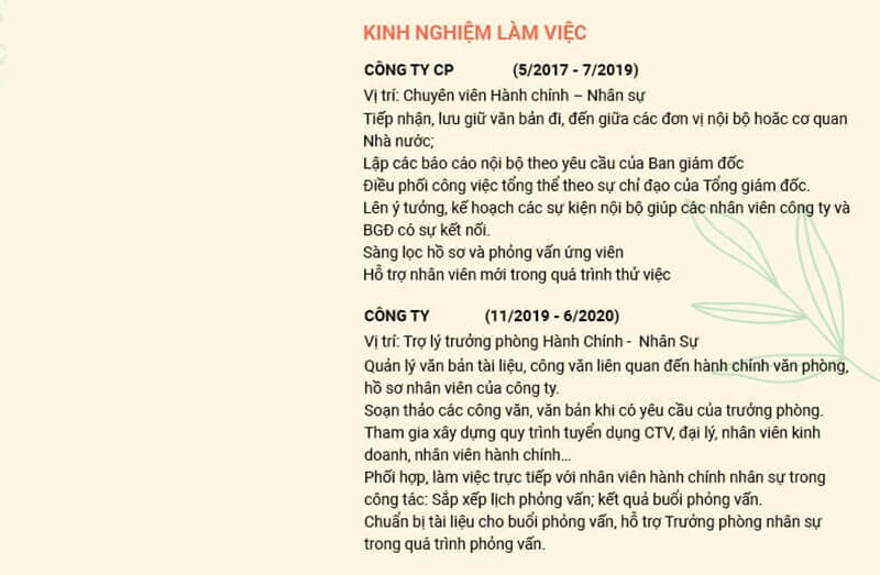 Phần kinh nghiệm làm việc trong CV xin việc hành chính nhân sự