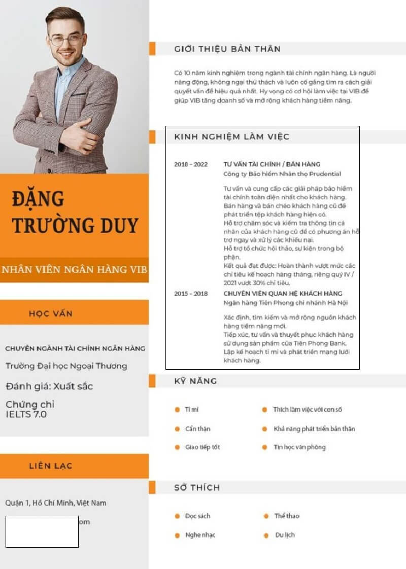 Phần kinh nghiệm làm việc trong CV ngân hàng tài chính