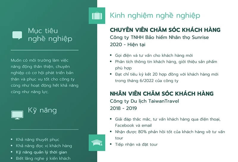 Phần kinh nghiệm làm việc trong CV chăm sóc khách hàng