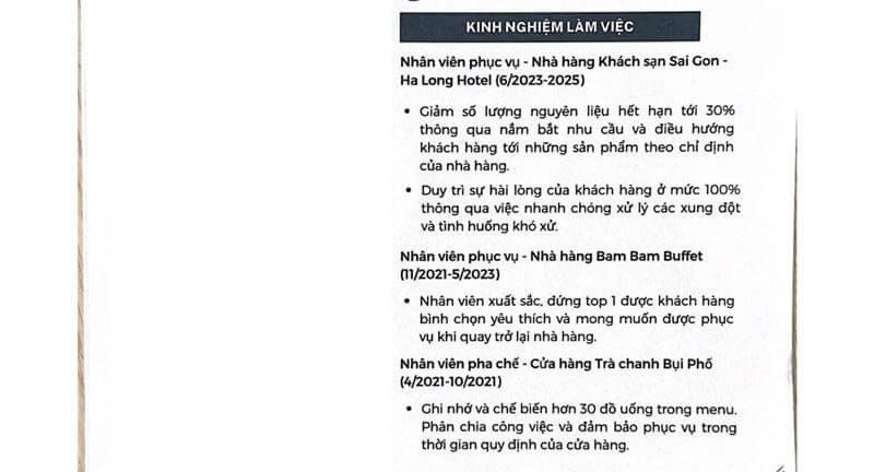 Phần kinh nghiệm làm việc trong CV nhà hàng khách sạn