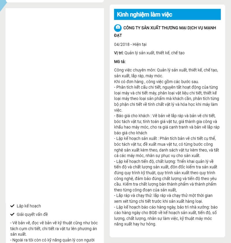 Phần kinh nghiệm làm việc trong CV cơ khí chế tạo