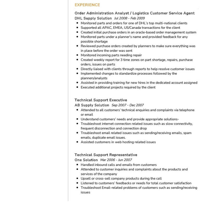 Phần kinh nghiệm làm việc trong CV ngành dịch vụ