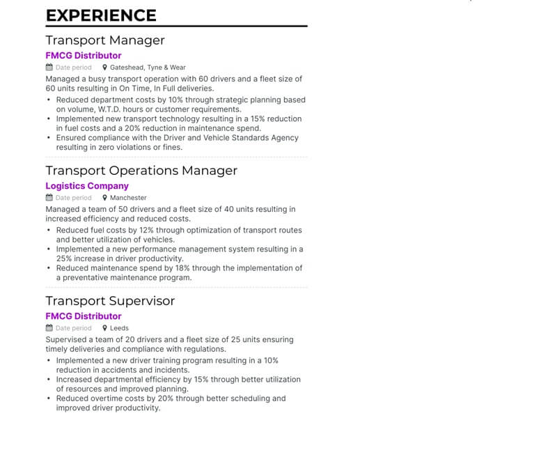 Phần kinh nghiệm làm việc trong CV giao thông vận tải cầu đường