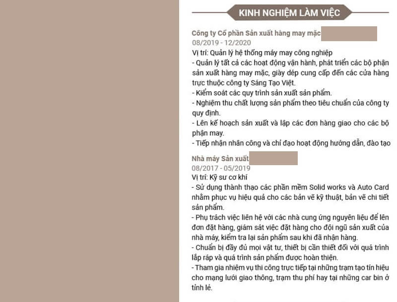 Phần kinh nghiệm làm việc trong CV khu chế xuất khu công nghiệp